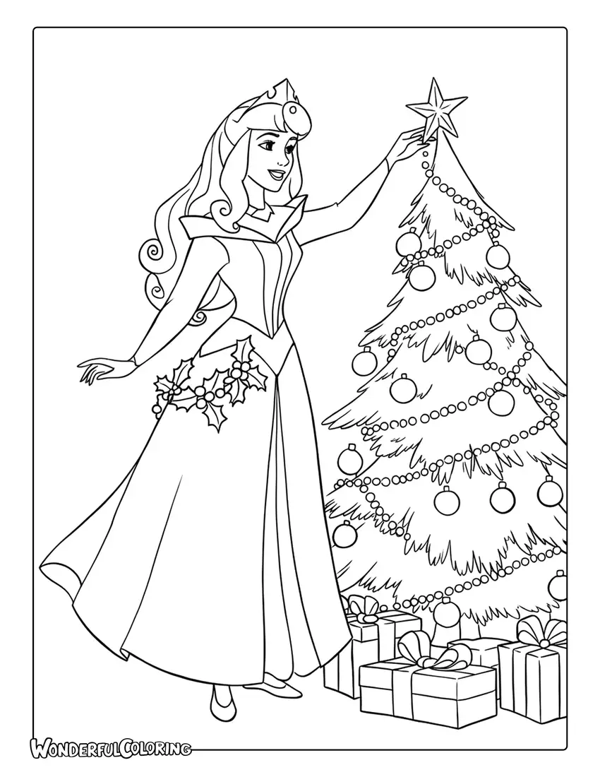Aurora Decorating Christmas Tree Coloring Page