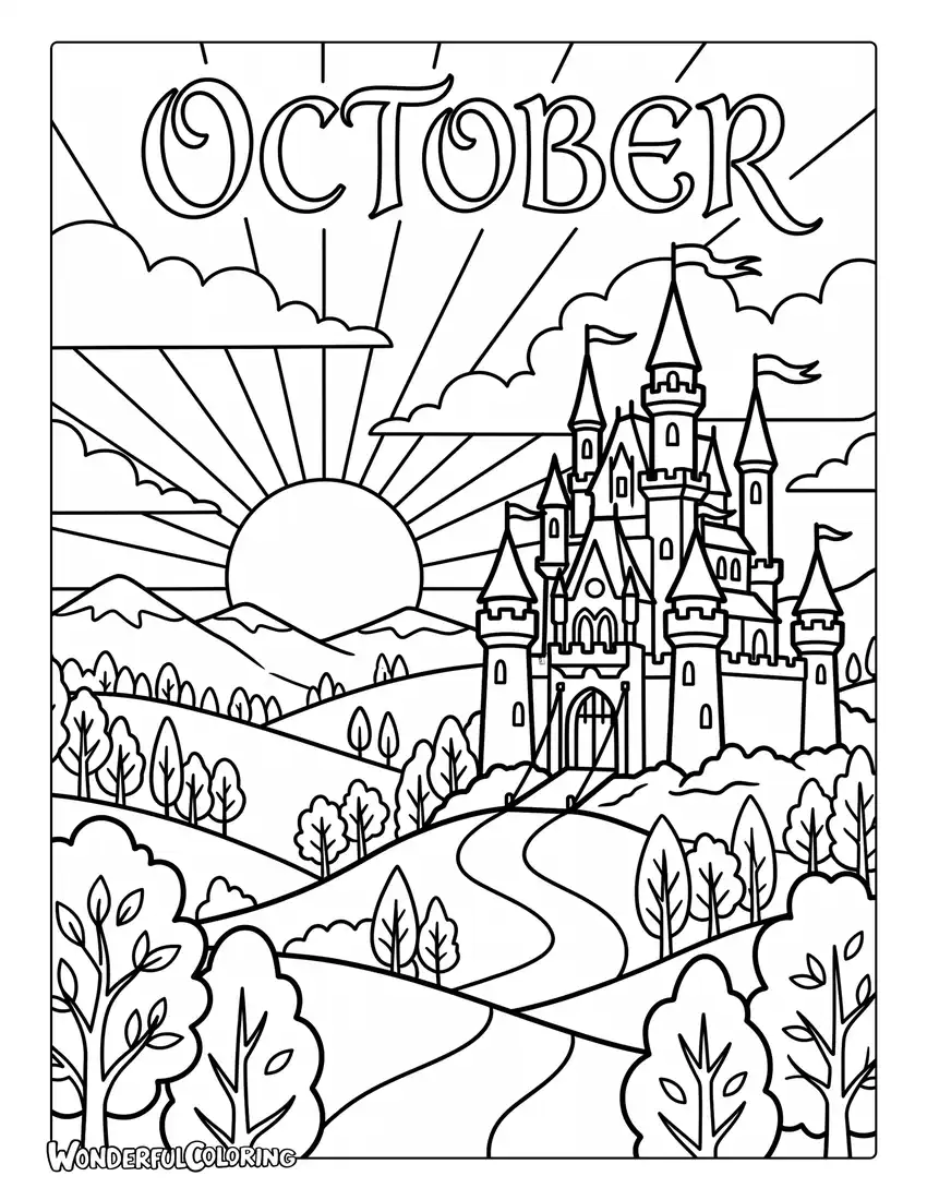 Autumn castle coloring page with colorful hills, sunset, towers, and fantasy landscape