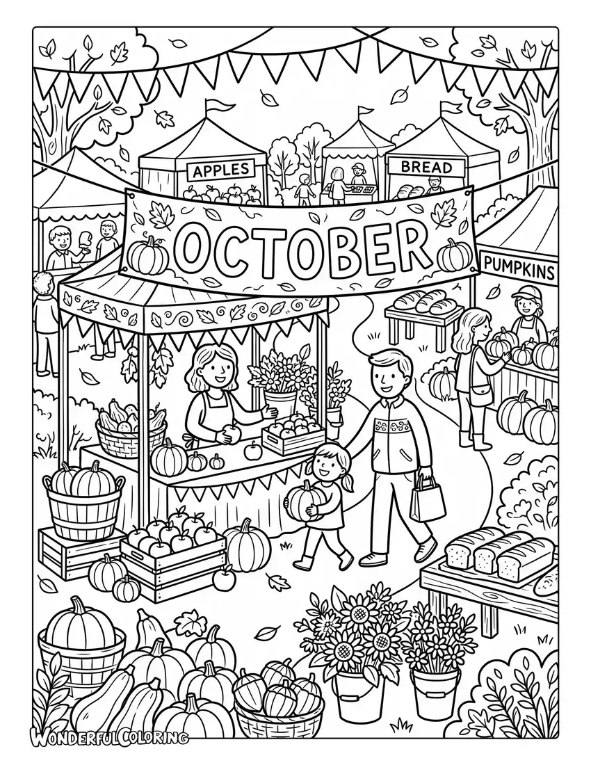 Autumn farmers market coloring page with pumpkins, apples, squash, bread, and flowers