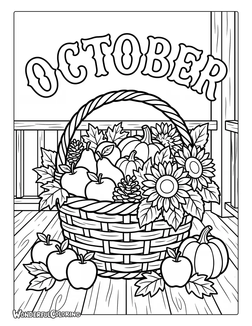 Autumn harvest basket coloring page with apples, pears, pumpkins, pinecones, acorns, and flowers