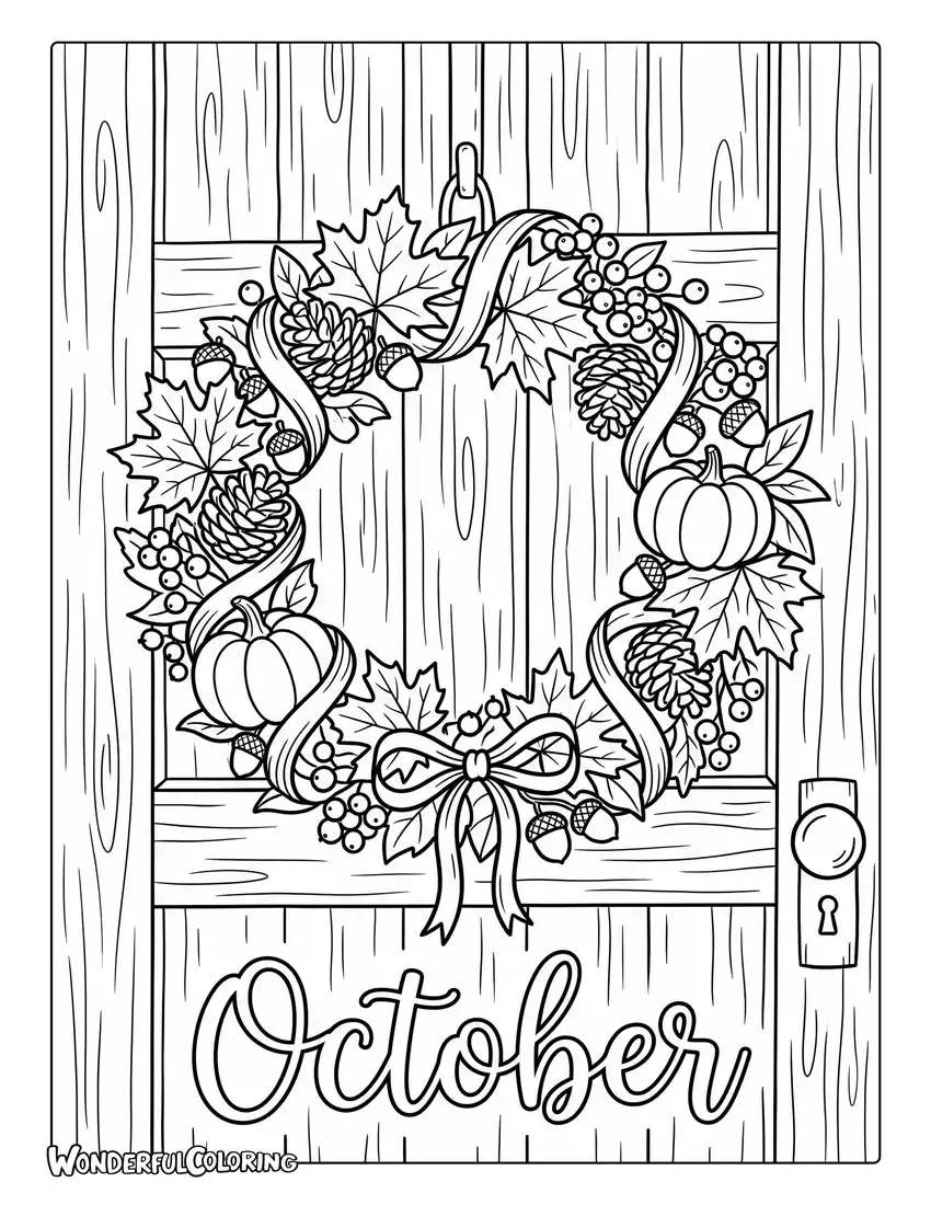 Autumn harvest wreath coloring page with maple leaves, pumpkins, pinecones, acorns, berries, and ribbons