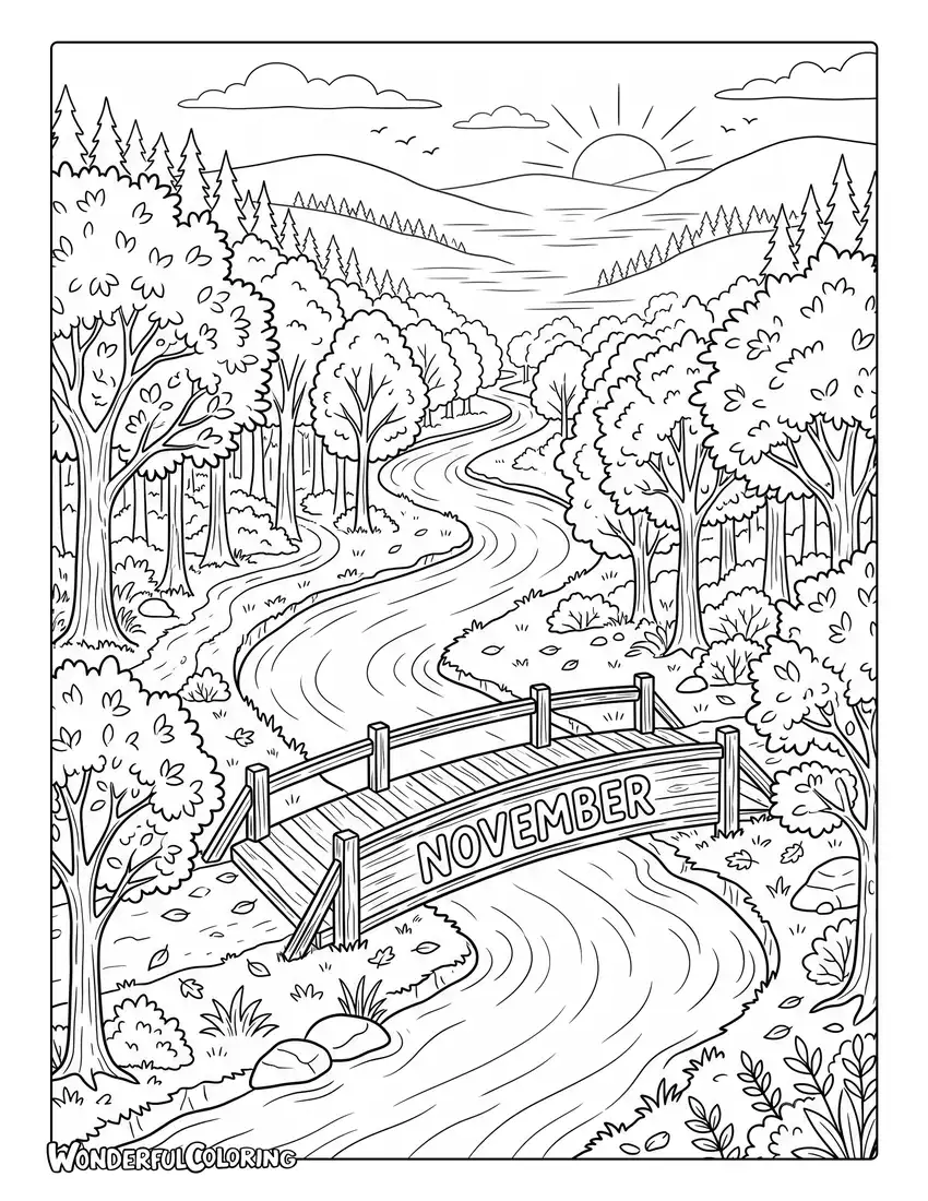 November river landscape coloring page with winding river, colorful autumn forest, morning fog, and wooden bridge
