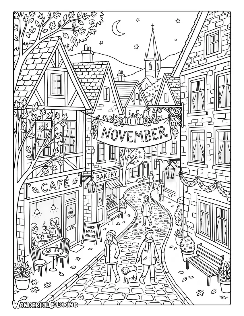 November village street coloring page with colorful autumn leaves, cozy cafés, glowing windows, and shop banner