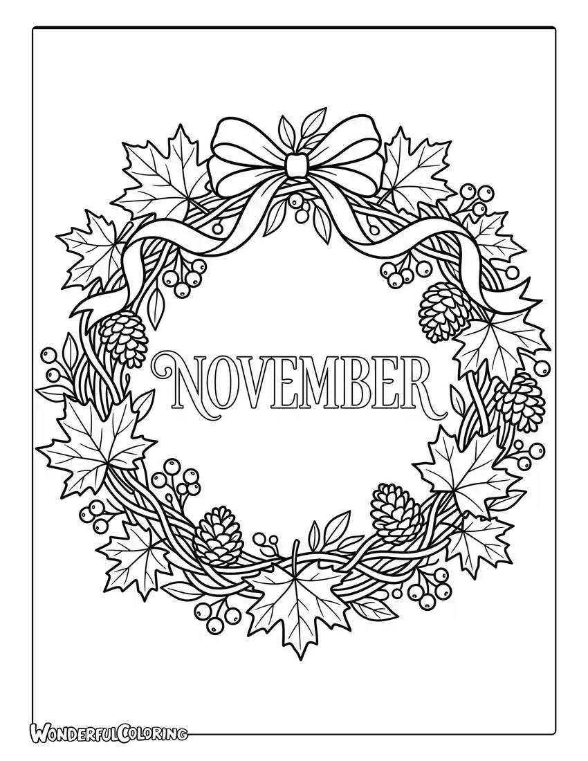 November autumn wreath coloring page with maple leaves, pinecones, berries, decorative ribbons, and seasonal foliage