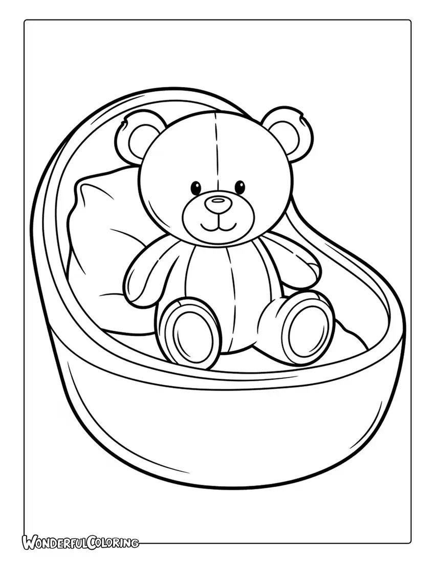 Baby teddy bear sitting in cradle cute coloring page