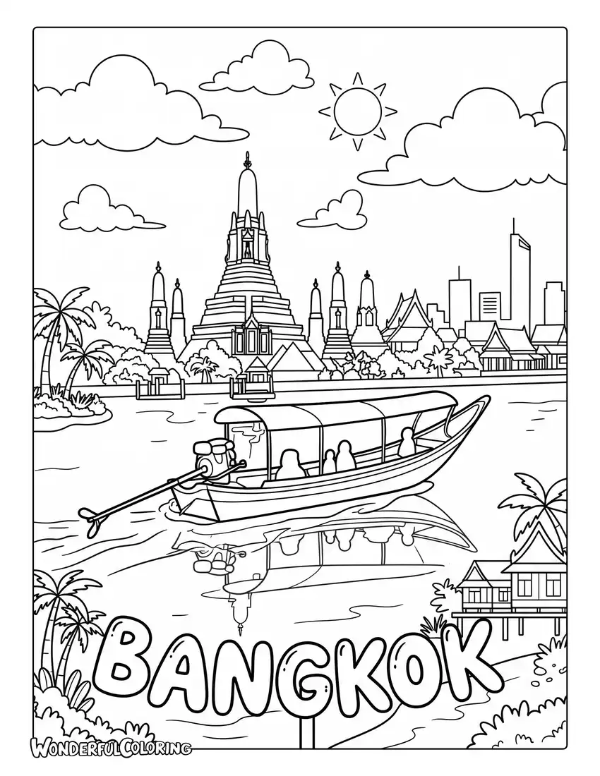 Bangkok Chao Phraya River coloring page featuring a long-tail boat, Wat Arun, city skyline, tropical plants, and dramatic clouds