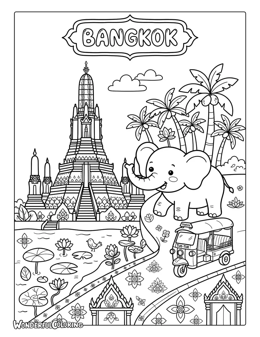 Cute Bangkok elephant coloring page featuring a friendly elephant, Wat Arun, a tiny tuk-tuk, lotus flowers, and palm trees