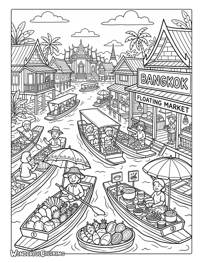 Bangkok floating market coloring page with wooden boats, tropical fruits, Thai street food, market umbrellas, and traditional buildings