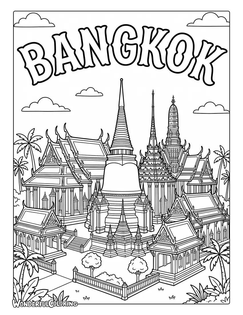 Bangkok Grand Palace coloring page featuring ornate golden-style temple roofs, intricate Thai architecture, decorative spires, palm trees, and a bright sky