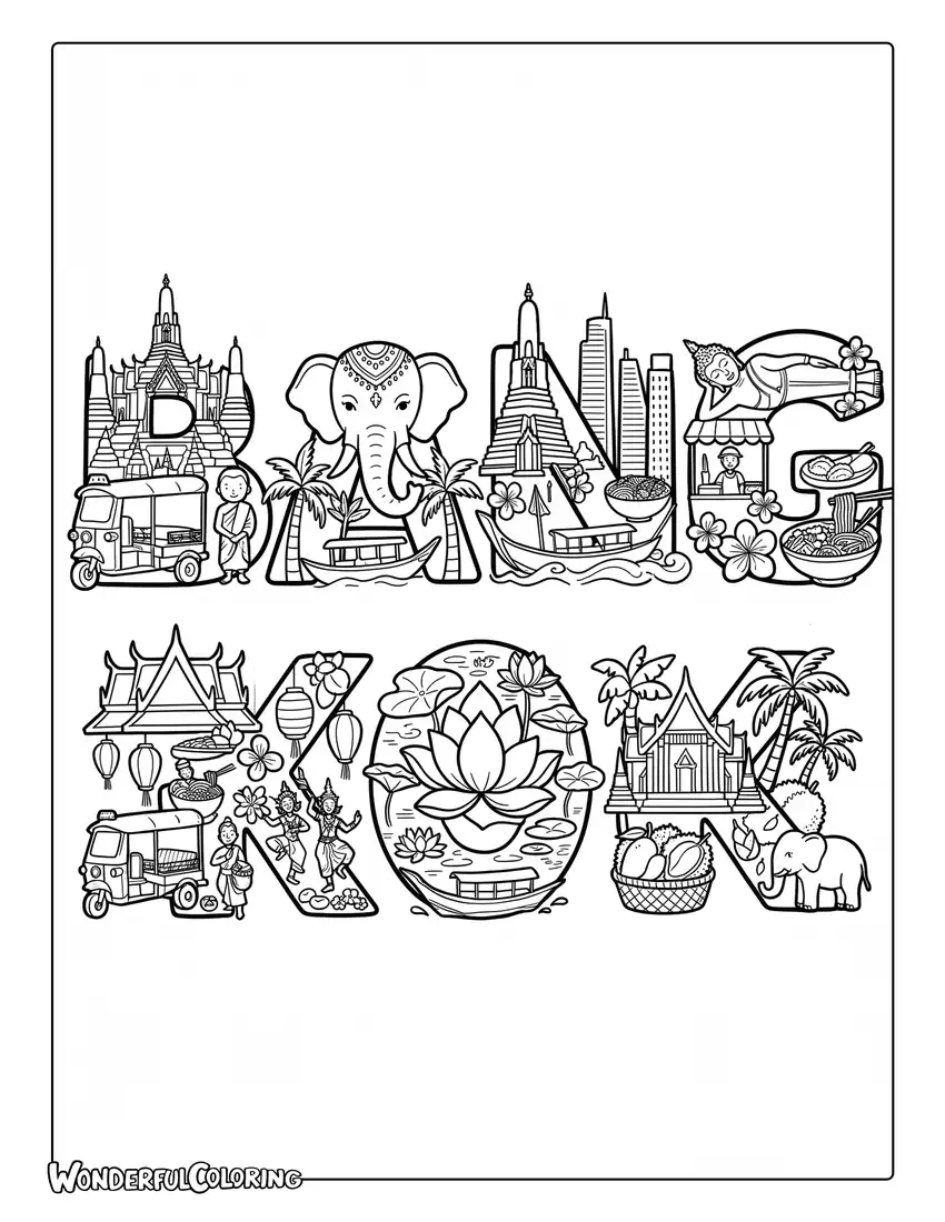 Bangkok landmark typography coloring page with illustrated temple roofs, tuk-tuks, elephants, lotus flowers, Thai food, and palm trees