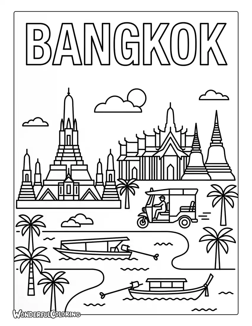Bangkok minimalist travel coloring page with Wat Arun, the Grand Palace, a tuk-tuk, a long-tail boat, and palm trees