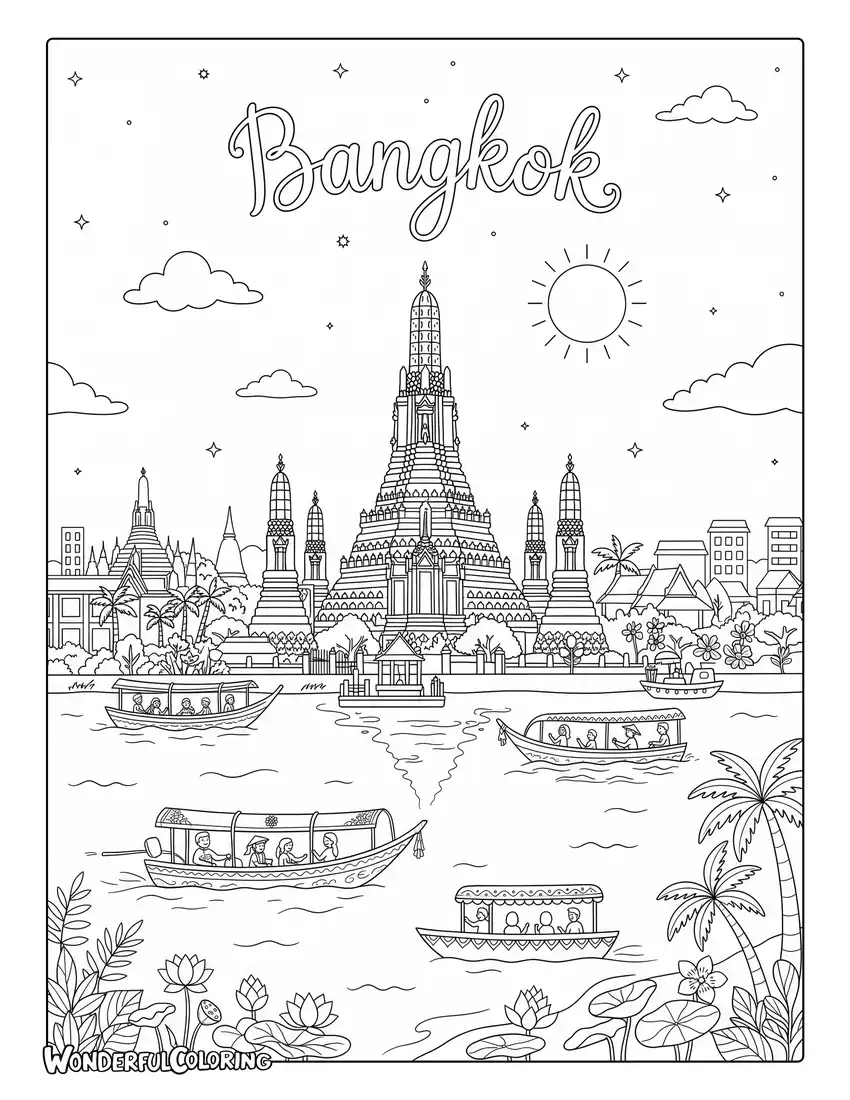 Bangkok pastel travel coloring page featuring Wat Arun, Chao Phraya River, traditional boats, tropical flowers, and a pink-orange sky
