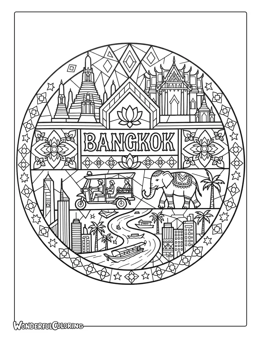 Bangkok stained glass coloring page featuring Wat Arun, the Grand Palace, tuk-tuks, elephants, lotus flowers, and river boats