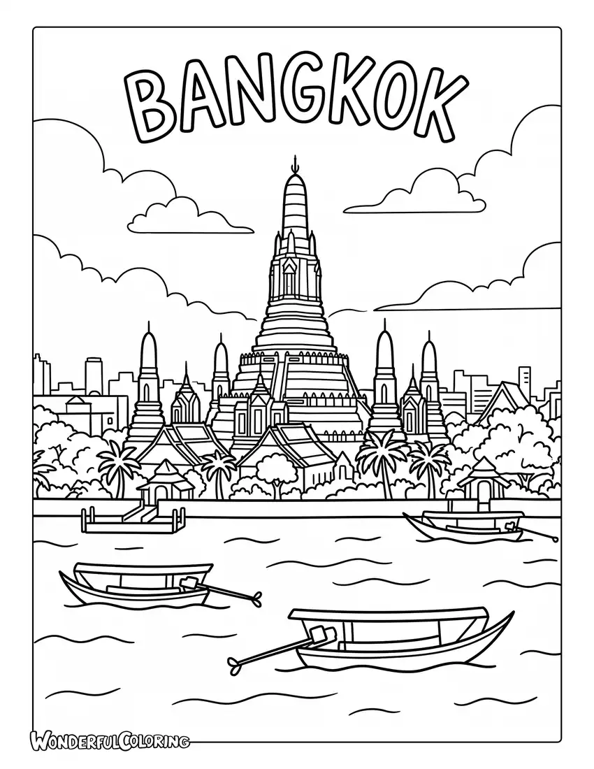 Bangkok sunset coloring page featuring Wat Arun, Chao Phraya River, long-tail boats, tropical plants, and glowing evening clouds