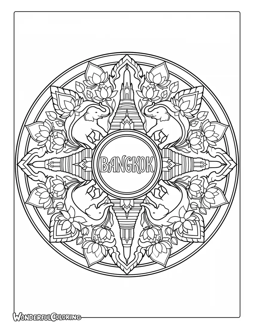 Bangkok temple mandala coloring page featuring Wat Arun, lotus flowers, elephants, and intricate Thai ornamental patterns