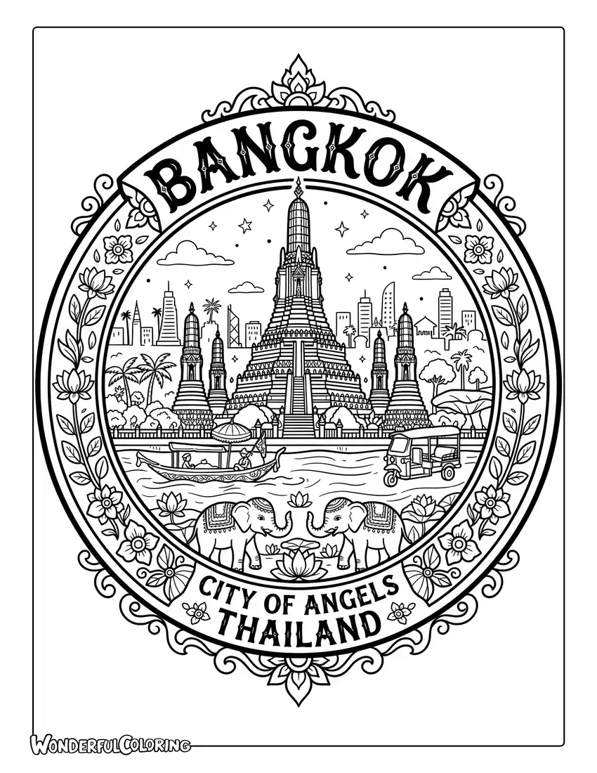 Bangkok travel emblem coloring page featuring Wat Arun, tuk-tuks, elephants, lotus flowers, Thai patterns, river, and palm trees