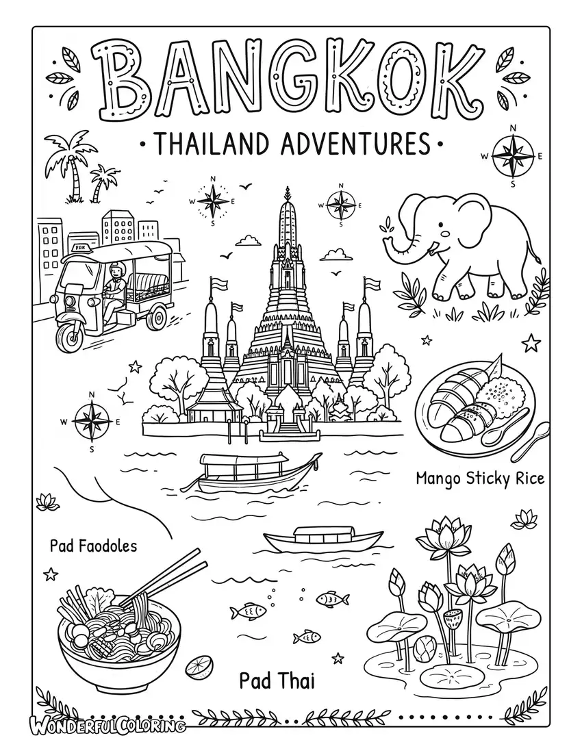 Bangkok travel journal coloring page with Wat Arun, tuk-tuk, Thai noodles, mango sticky rice, elephant, and lotus flowers