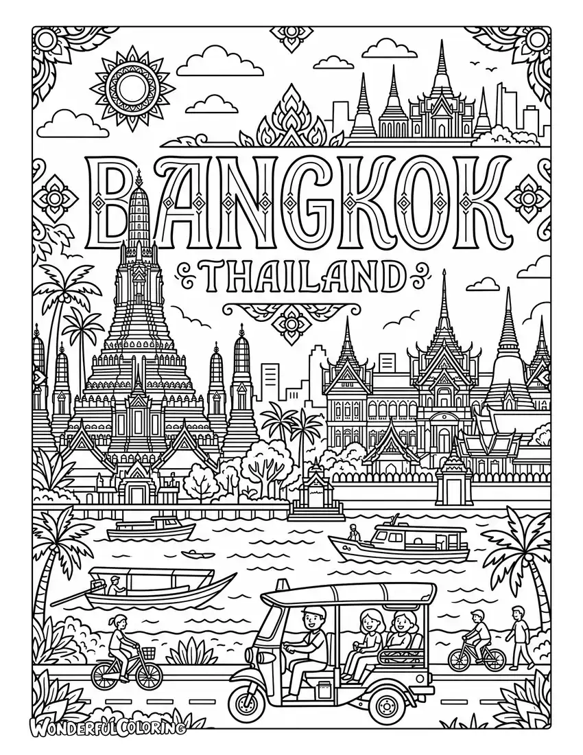 Bangkok travel poster coloring page featuring Wat Arun, the Grand Palace, tuk-tuks, palm trees, and the Chao Phraya River