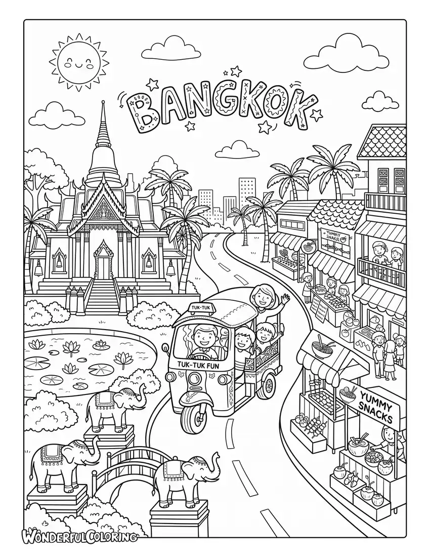 Bangkok tuk-tuk adventure coloring page with a cheerful three-wheeled vehicle, Thai temple, elephant statues, lotus pond, and food stalls