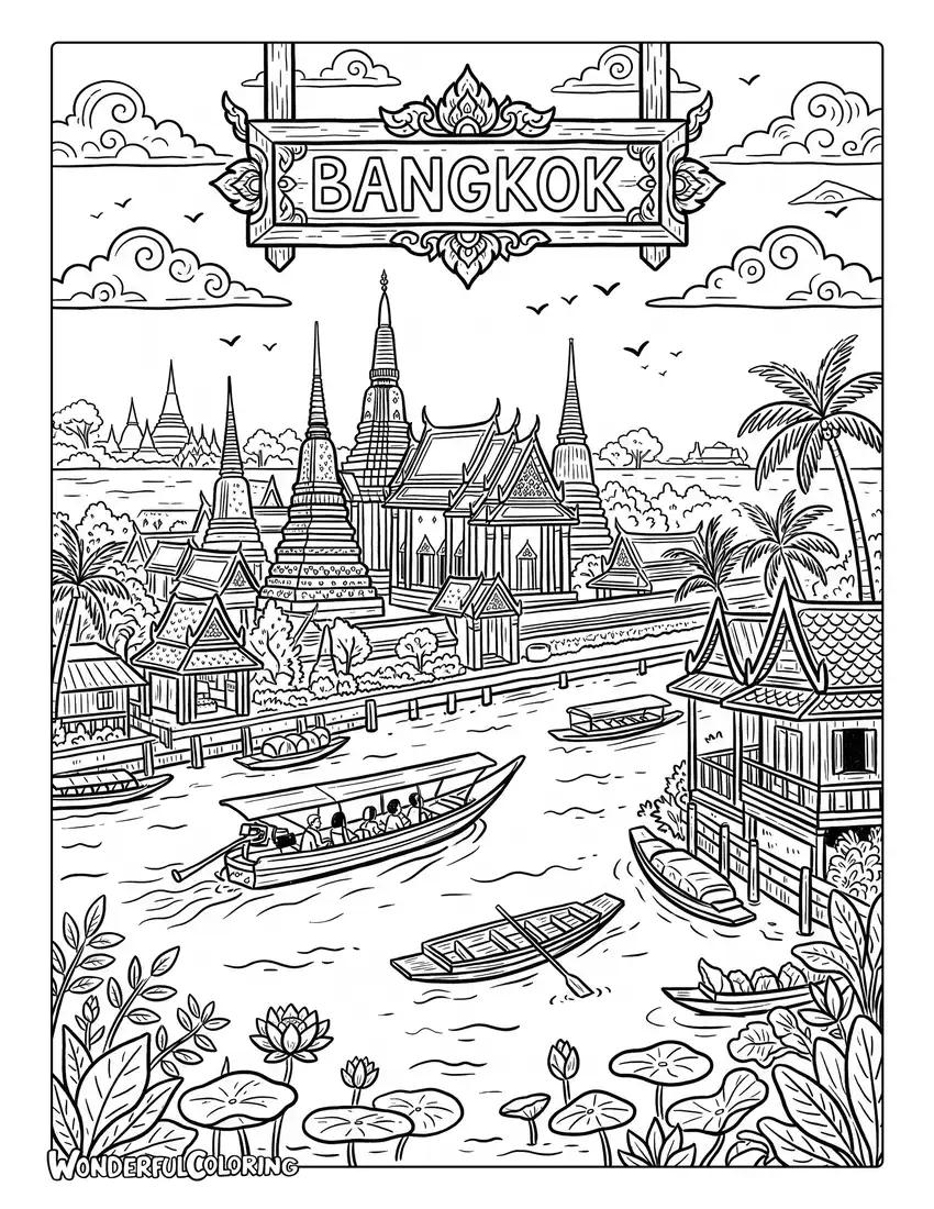Bangkok vintage temple coloring page featuring Wat Pho, traditional Thai architecture, lotus flowers, boats, palm trees, and decorative borders