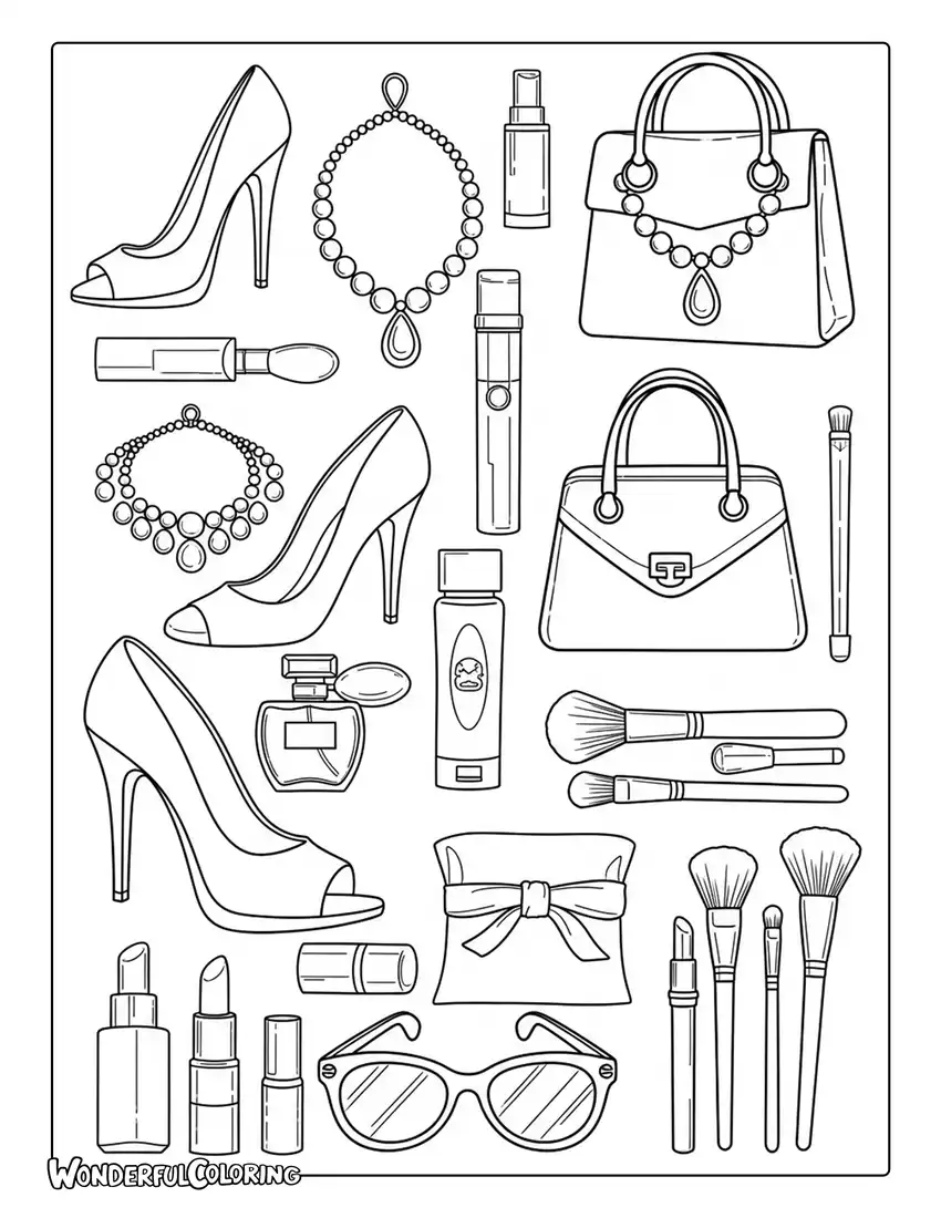Barbie accessories shoes bags jewelry coloring page