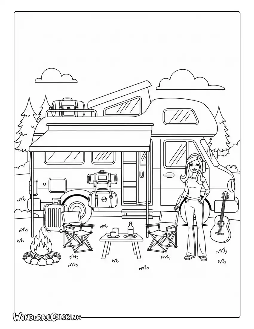 Barbie camper van road trip travel coloring page