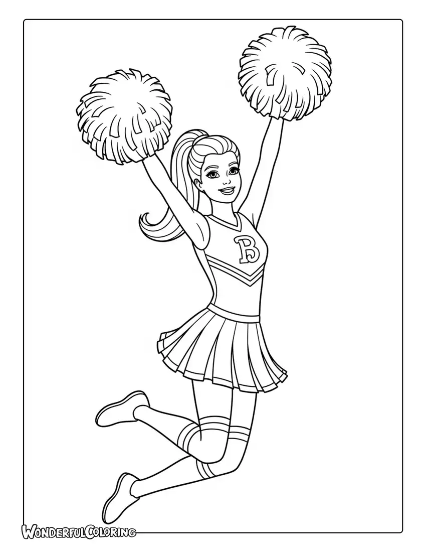 Barbie cheerleader pom poms action coloring page
