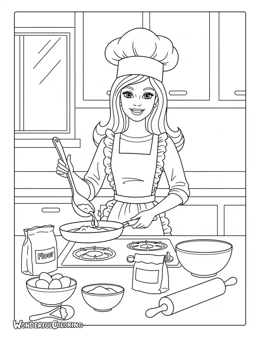 Barbie chef cooking kitchen scene coloring page