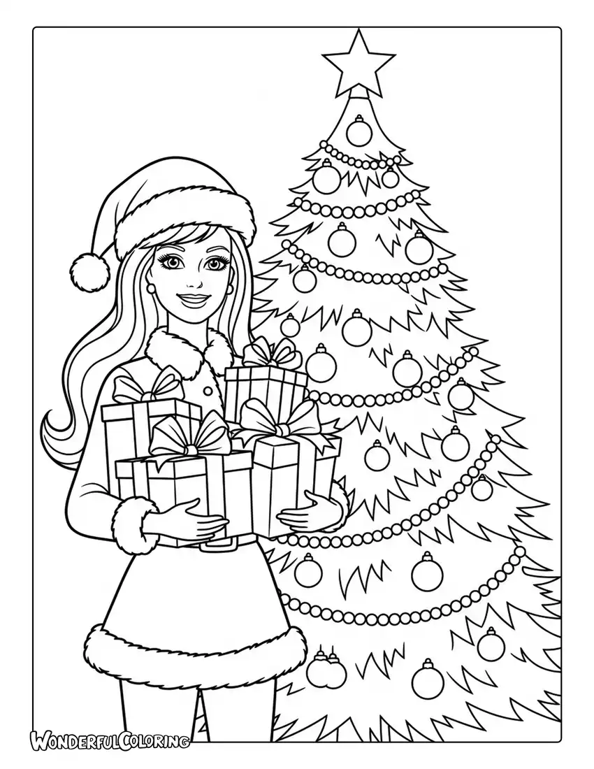 Barbie Christmas outfit with tree and gifts coloring page