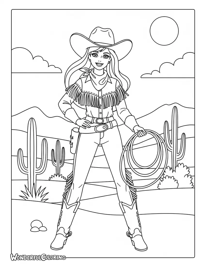 Barbie cowgirl western hat boots coloring page