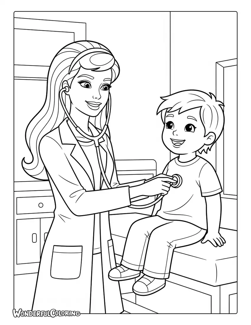 Barbie doctor stethoscope clinic coloring page