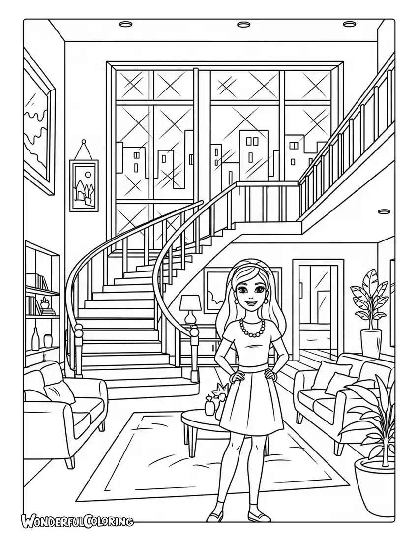 Barbie dream house modern interior scene coloring page