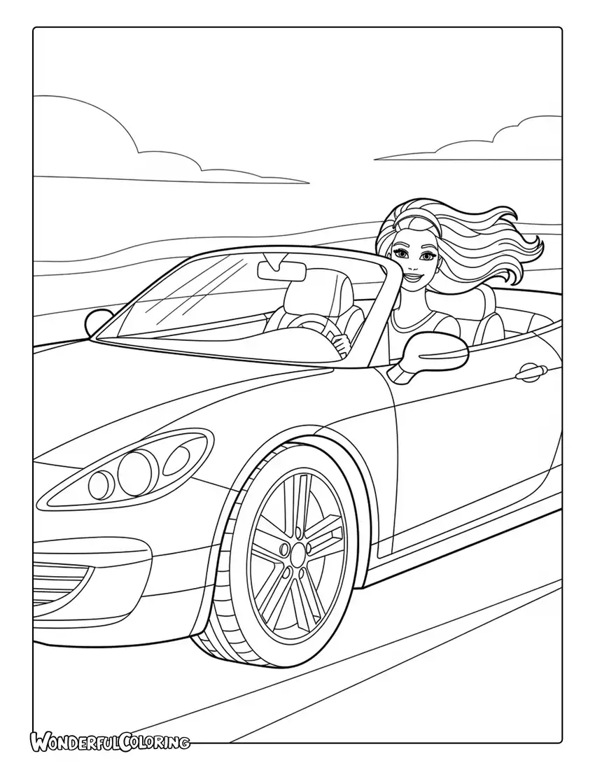 Barbie driving convertible car coloring page