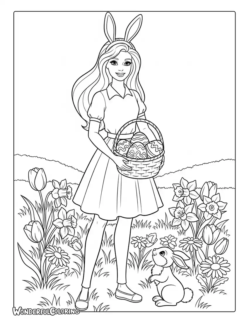 Barbie Easter basket eggs bunny coloring page