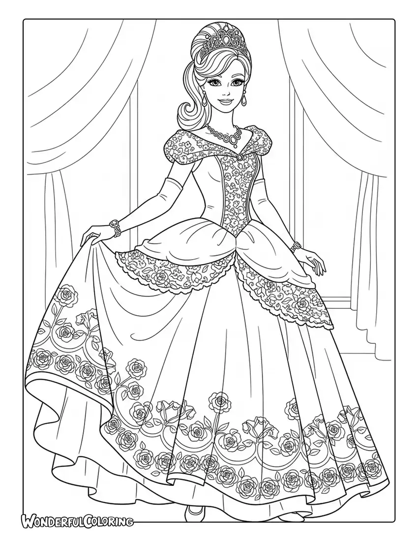 Barbie elegant ball gown dress coloring page
