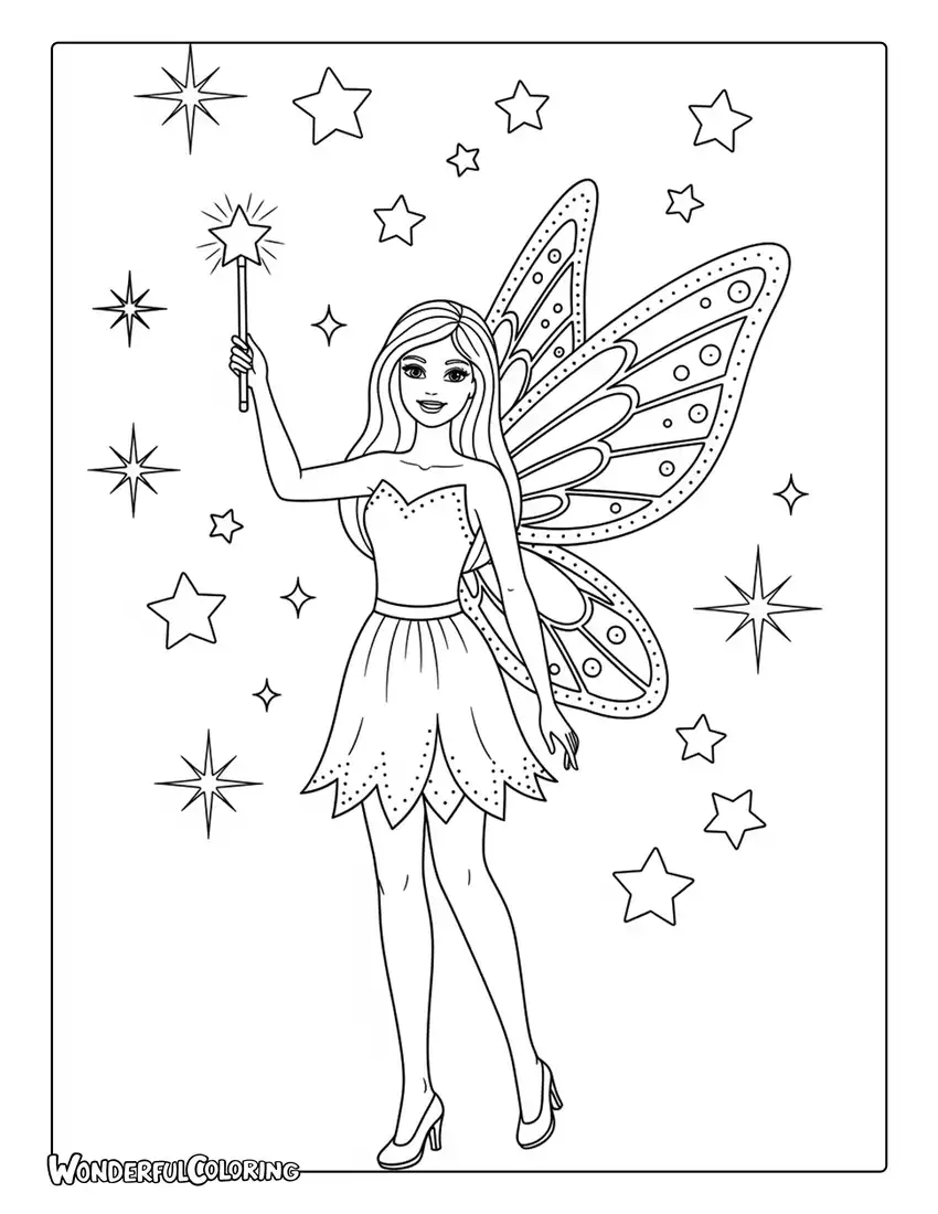 Barbie fairy with wings and magic wand coloring page