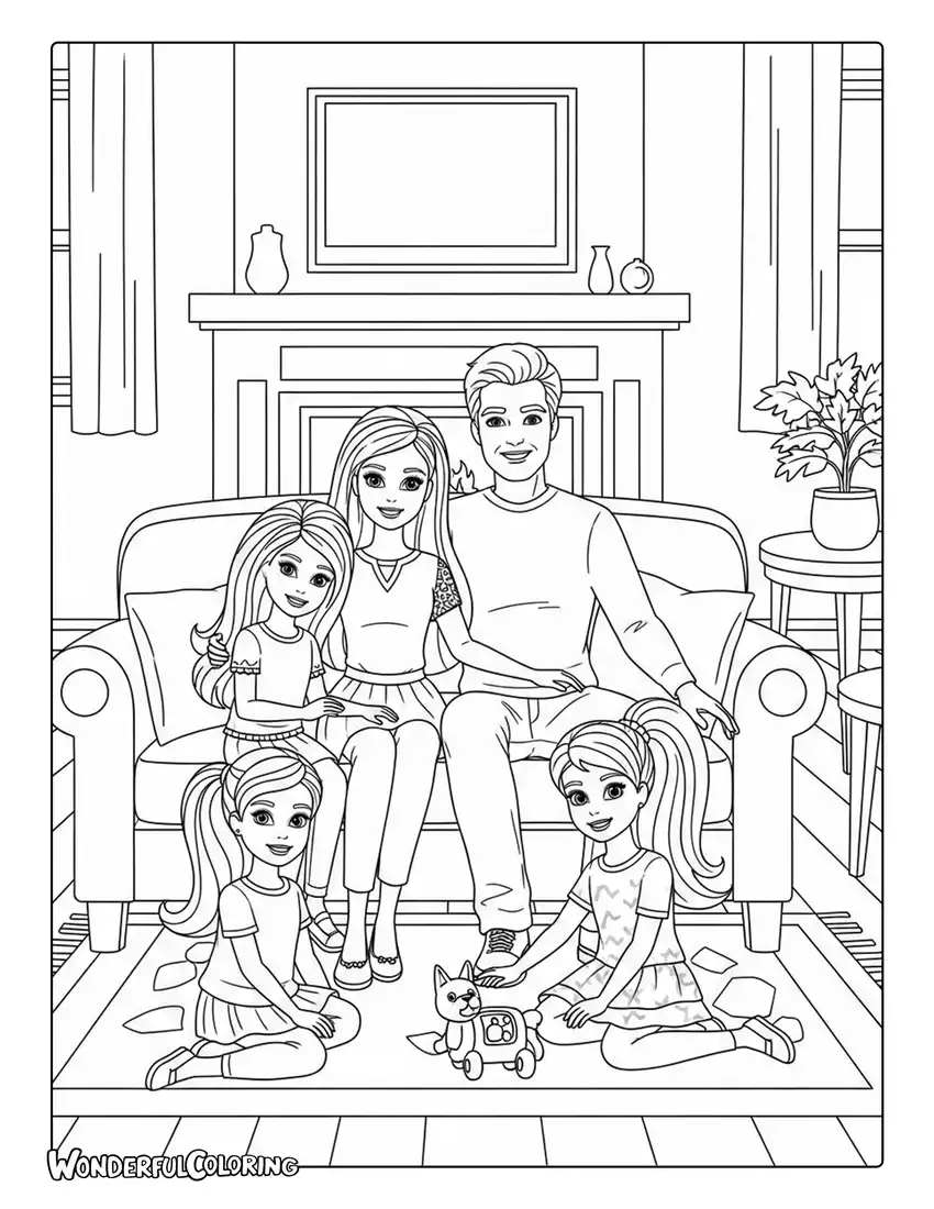 Barbie family happy home scene coloring page