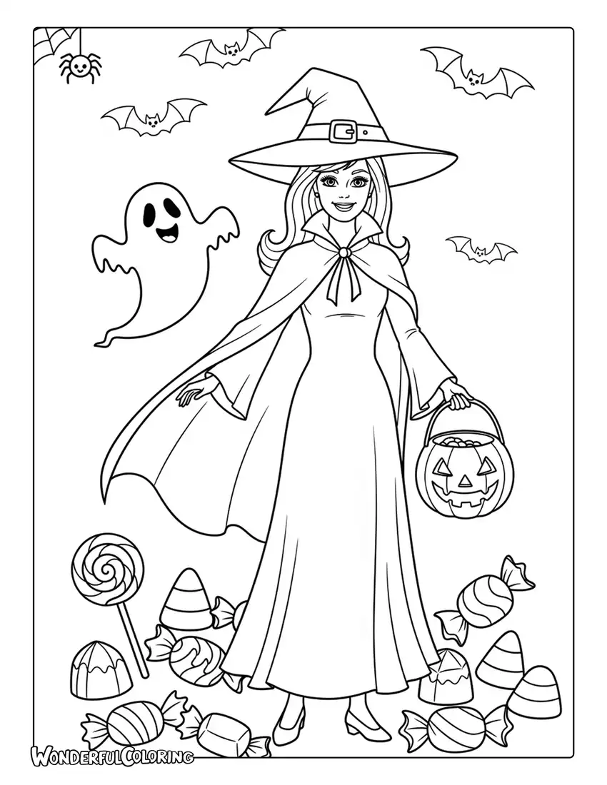 Barbie Halloween witch costume with pumpkin coloring page
