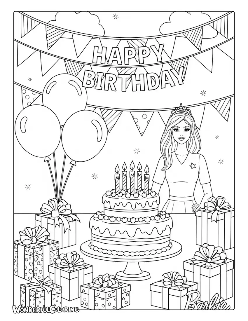 Barbie happy birthday party with cake balloons coloring page