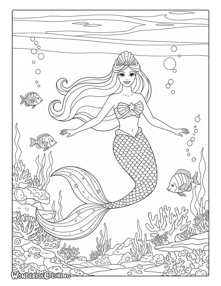 Barbie mermaid underwater with seashell crown and fish coloring page