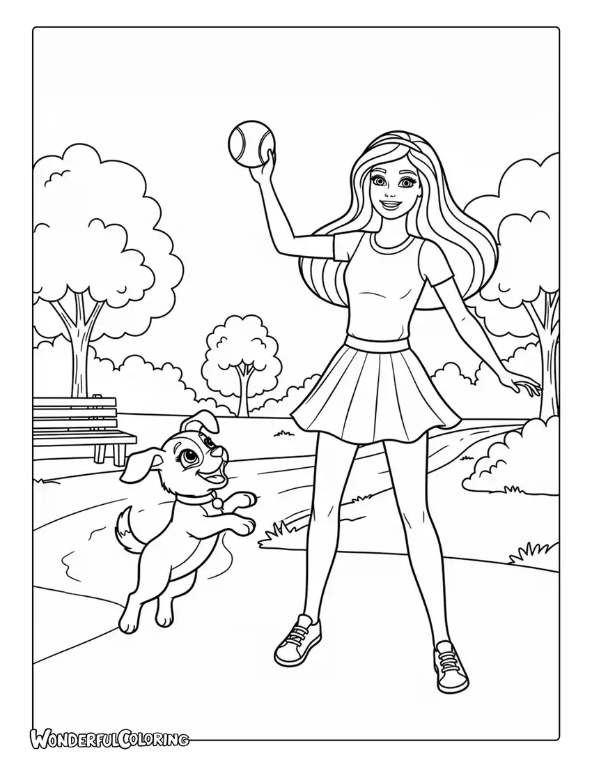 Barbie playing with dog in park coloring page