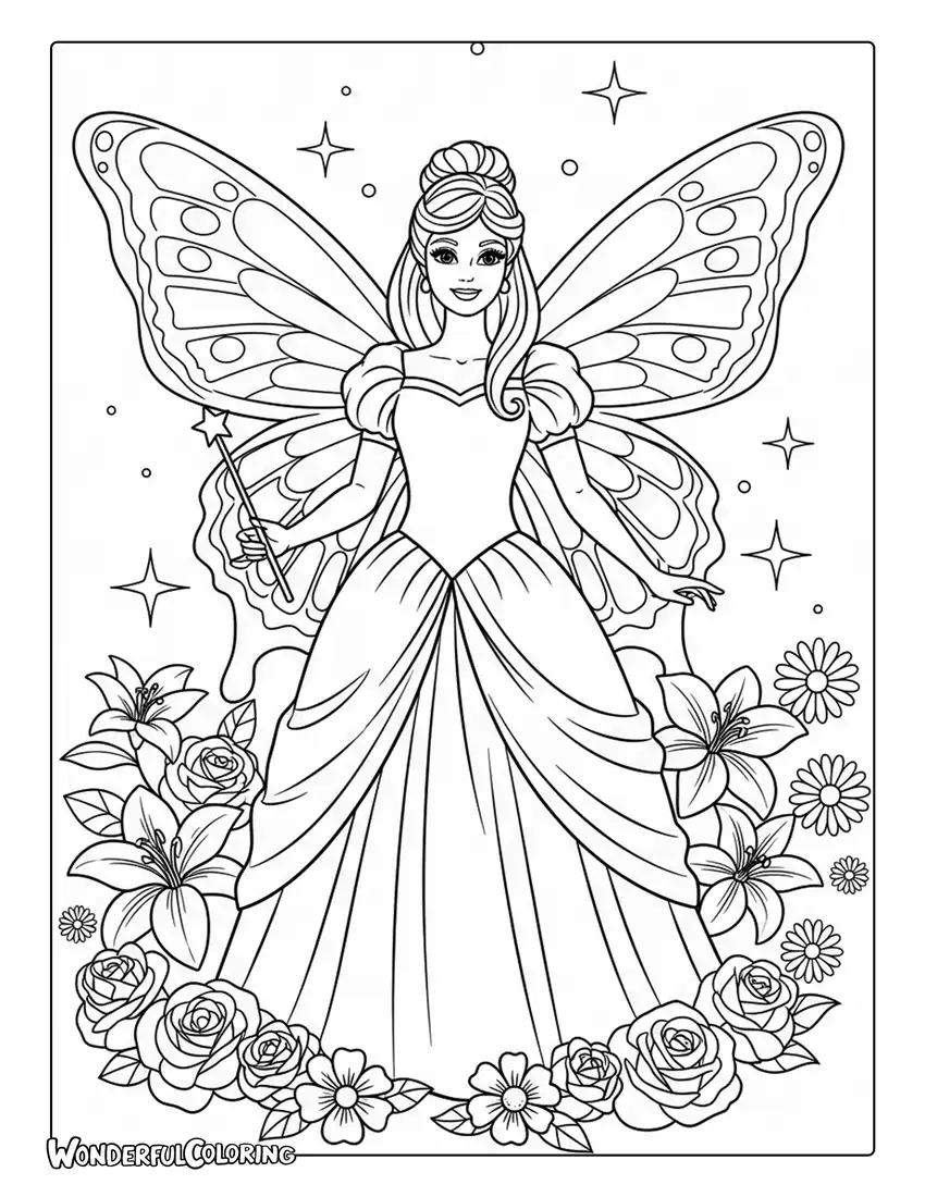 Barbie princess butterfly with wings coloring page
