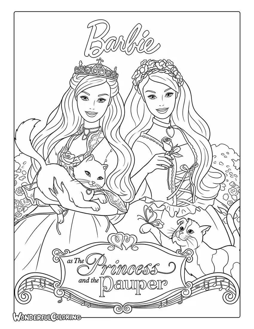 Barbie princess and the pauper dual characters coloring page