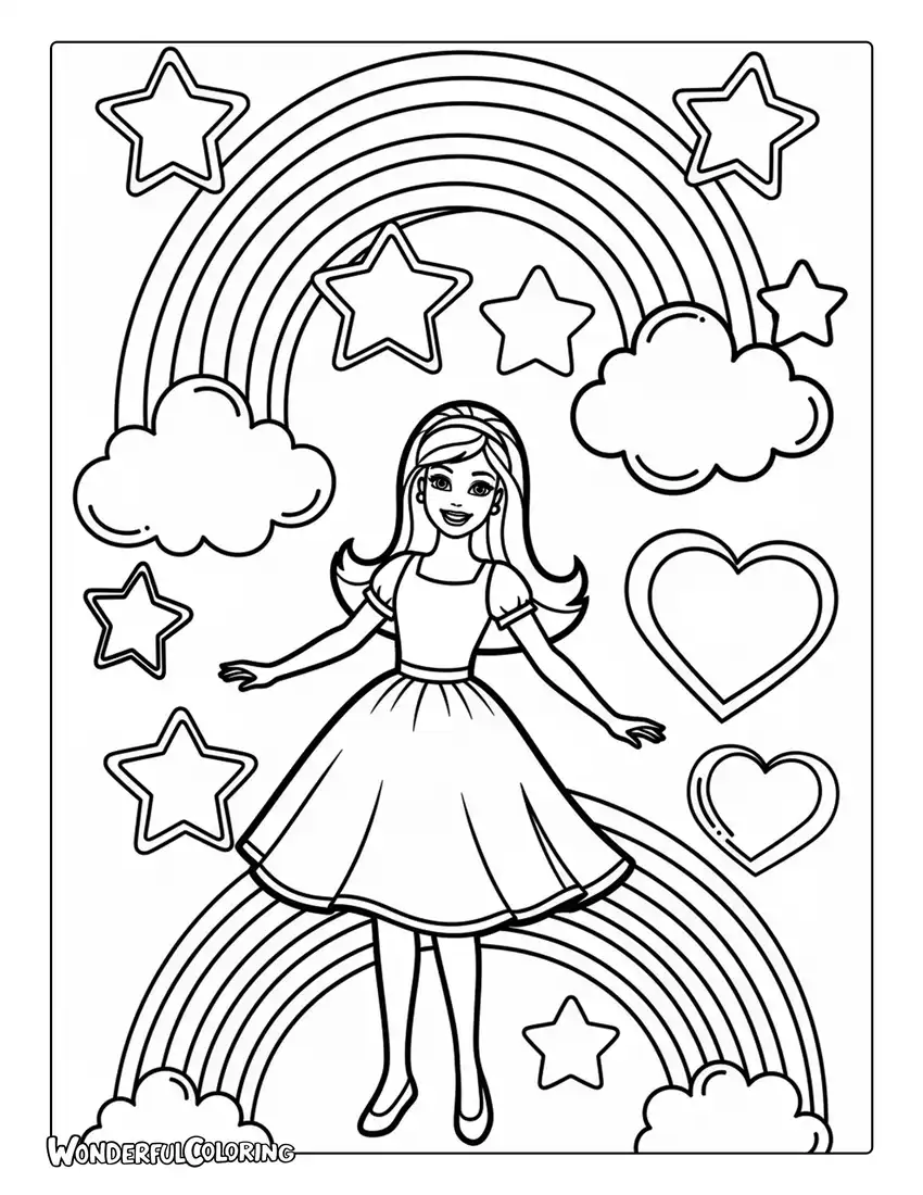 Barbie rainbow colorful dress coloring page