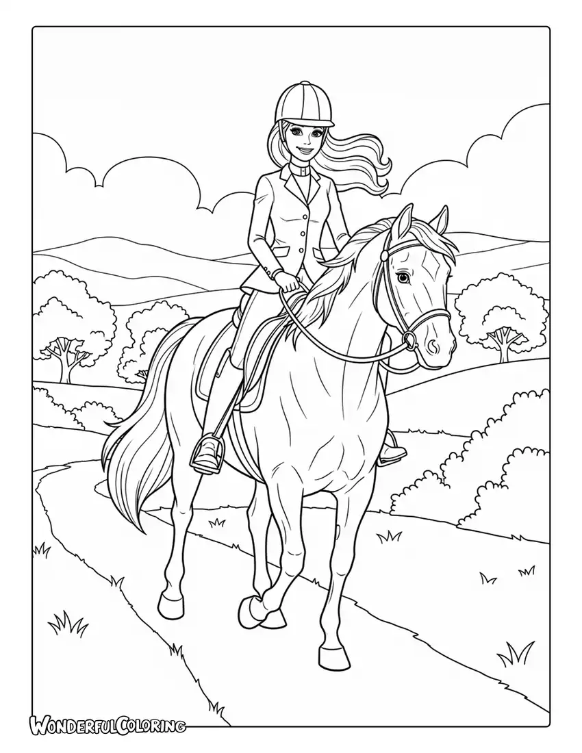 Barbie riding horse countryside scene coloring page