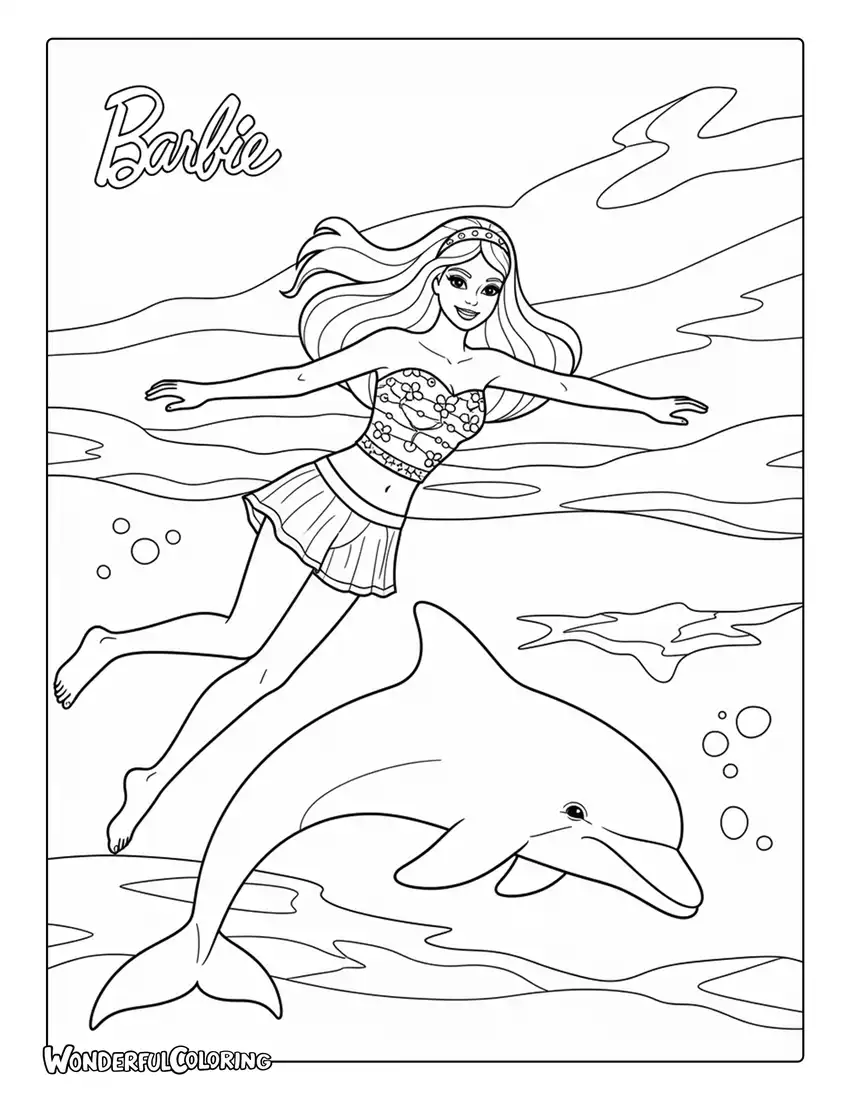Barbie swimming with dolphin ocean coloring page