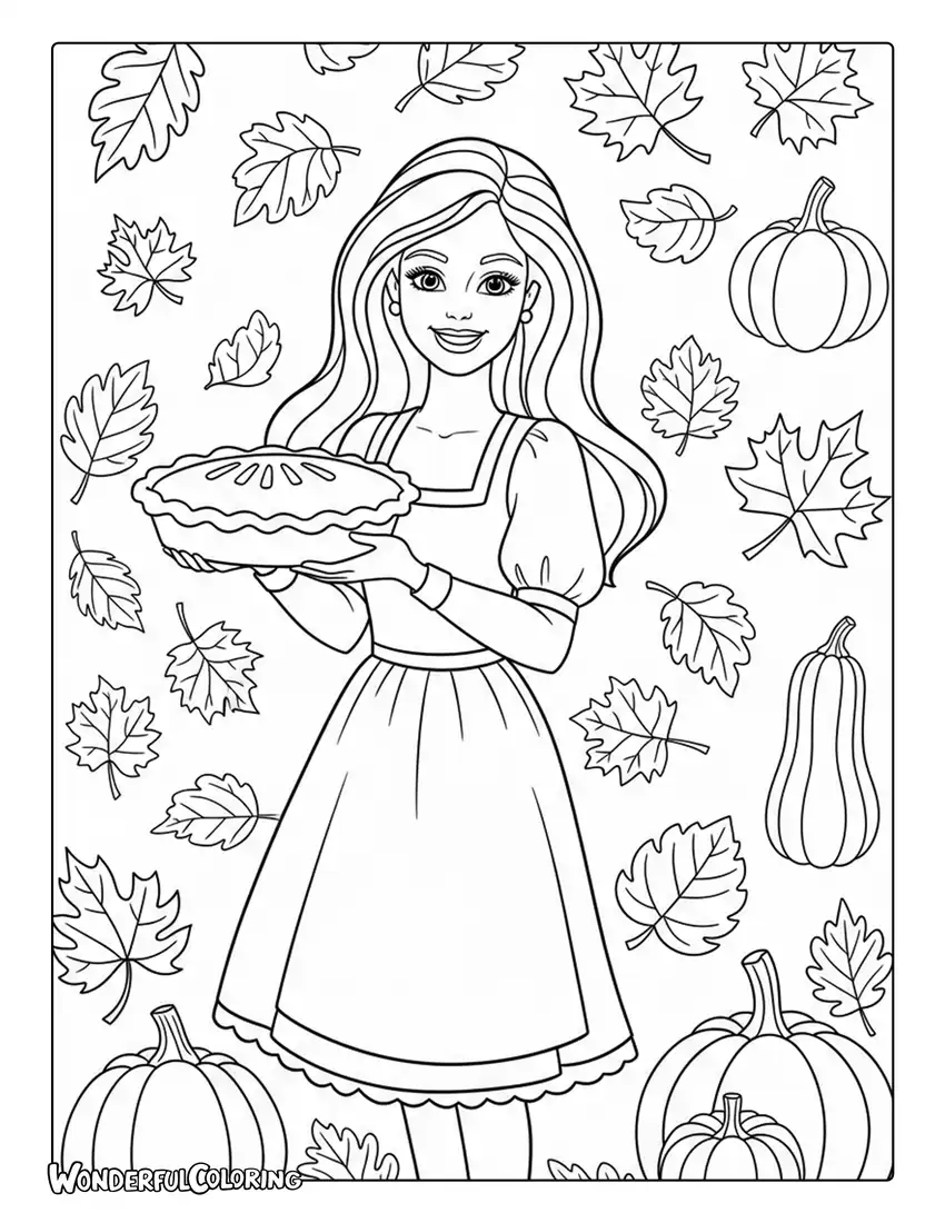 Barbie thanksgiving pie autumn leaves coloring page
