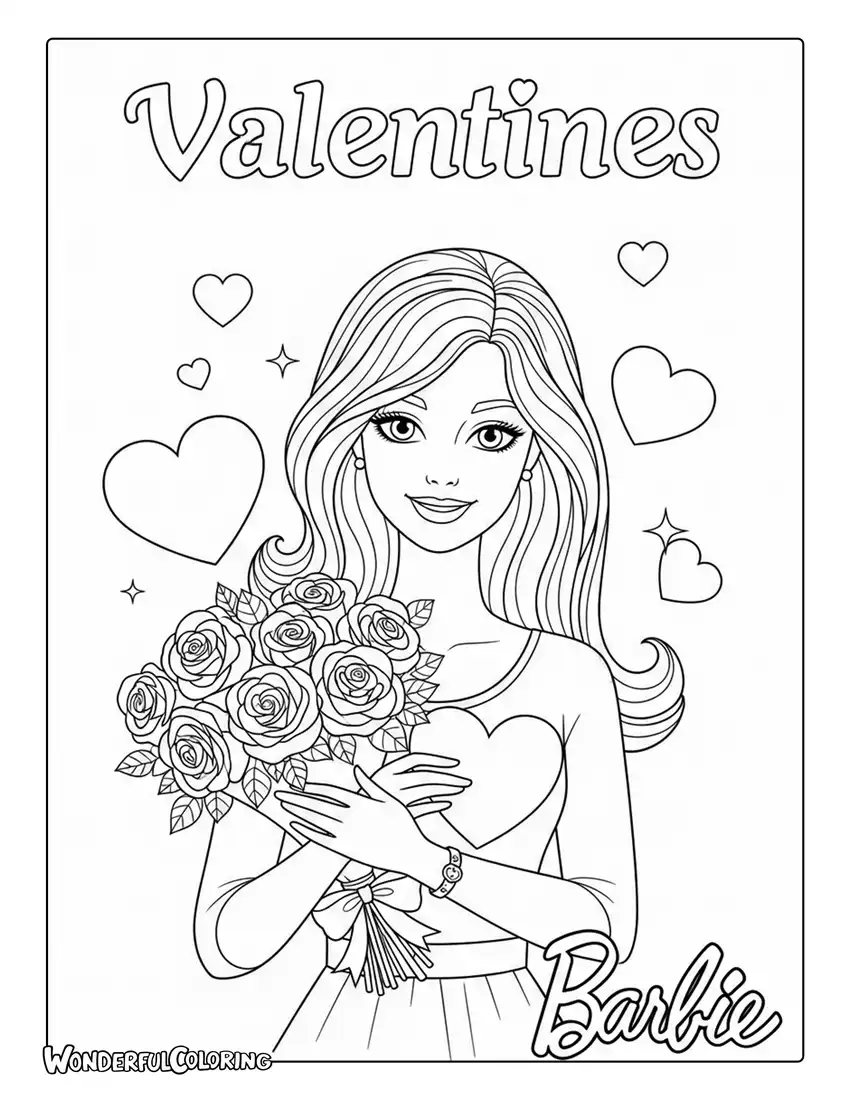 Barbie valentine heart roses coloring page