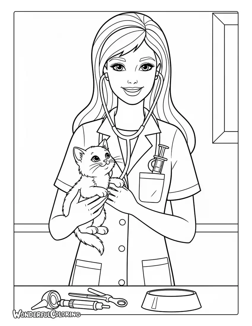 Barbie veterinarian caring pet coloring page