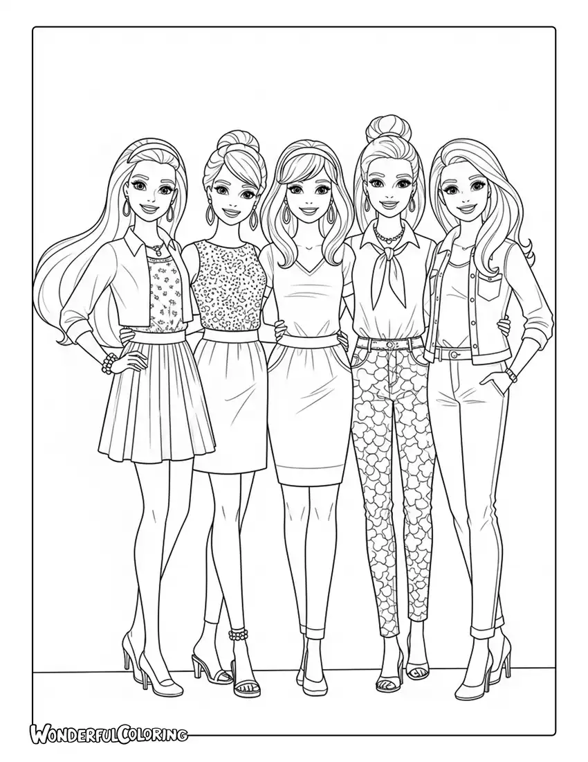 Barbie and friends group smiling together coloring page